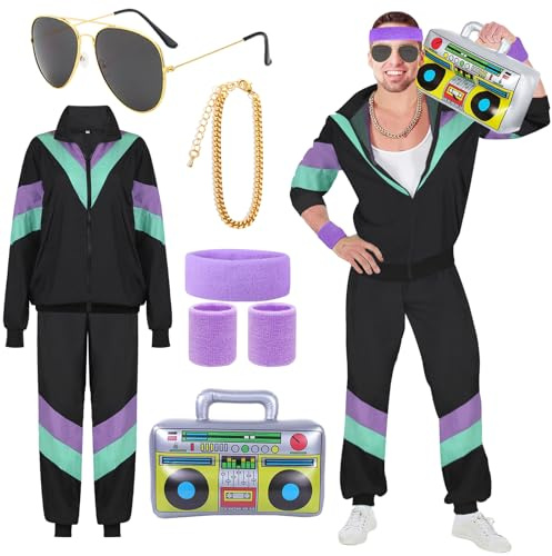 ATOWORLD 1980s 80s Fancy Dress Men Shell Suit 80s 90s Fancy Dress Costumes for Men Women Adult Retro Rave Scouser Stag Do Outfit 80s Costume Dress up Men 80s Tracksuit Black Jackets Pants Accessories