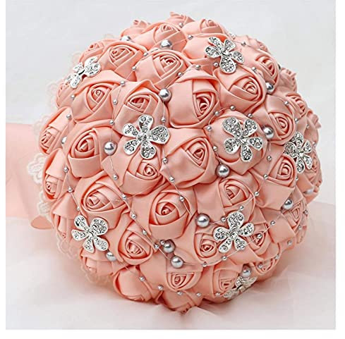 HWSY Fiori Artificiali Decorativi Corallo Rosa Avorio Champagne Raso Rosa Festival Stitch Bouquet Nastro Personalizzato Bouquet da Sposa Fiori Opzione Colore Mazzi di Fiori Artificiali Interesting