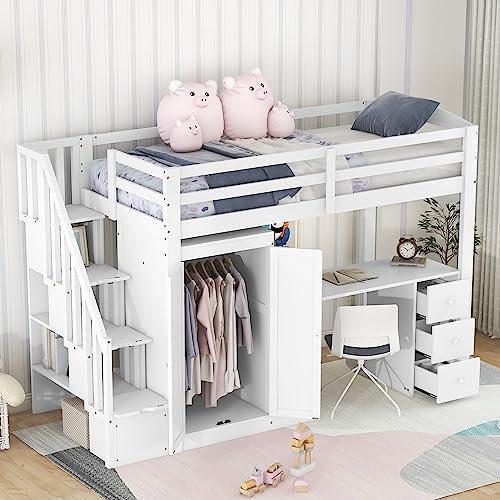 KUAKE Hochbett mit Kleiderschrank und Treppe, Schreibtisch und Schubladen und Schrank in Einem, Weiß, 90 x 200CM
