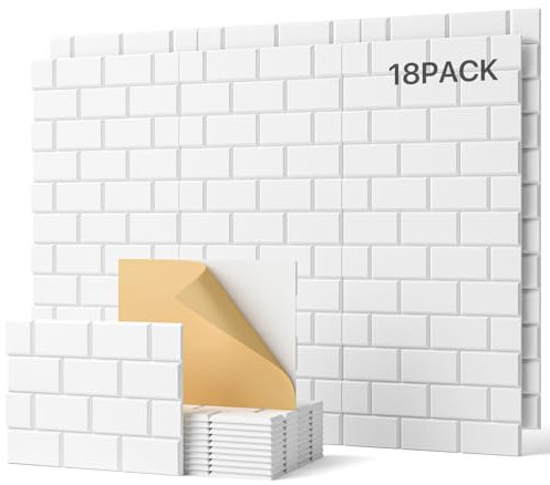 Soundsbay Lot de 18 panneaux acoustiques autocollants muraux rectangulaires - Type de brique - Pour traitement acoustique et décoration murale - 30 x 40 x 0,9 cm - Blanc