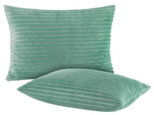 BaSaTex Winter Plüsch Kissenbezüge Kissenhüllen | 2er Pack 40x60 cm | Cashmere-Touch Coral Fleece,Rip-Cord“ | Sofakissen Couchkissen Zierkissenbezug | Reißverschluss | Salbei