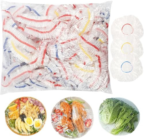 Food Covers Plastic Stretch, Food Covers, 200 Pcs Elasticated Reusable Fresh Keeping Bags for Fruit Vegetables Food Storage, Shrinkable Plastic Food Covers for Bowl and Plate