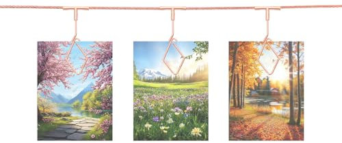 sourcing map Stahl-Wandaufhängung, Kabeldraht mit 12 Rhombus-Clips, 152 cm, verstellbare hängende Bilderrahmen, Collage, Wanddekoration zum Aufhängen von Fotos, Notizen, Postkarten, Kunst, Roségold