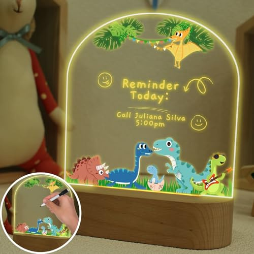 uniqicon Babygeschenke Junge, Geschenk Geburt Junge, Dino Lampe für Jungen, Led Schreibtafel Aus Acryl Mit Cartoon Dinosauriern, Kawaii Warmes Nachtlicht Deko Geschenk