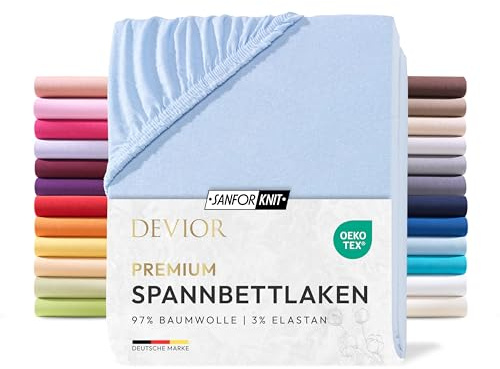 Devior Premium Spannbettlaken 180x200cm - 200x220cm für Boxspringbetten bis 32cm, 97% Baumwolle & 3% Elastan, Hellblau – 190 g/m² Anti-Statisches, atmungsaktives Bettlaken mit Einlaufschutz