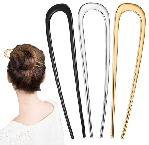 YONOY Lot de 3 épingles à cheveux françaises en métal en forme de U à 2 broches pour chignons, épingles à cheveux torsadées (noir, or, argent)