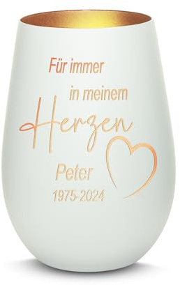 Gravur-Max Trauerlicht Windlicht mit Gravur Für Immer in Meinem Herzen mit Wunschname & Datum Gedenklicht für Trauernde mit Einer hochwertigen Lasergravur in der Farbe Weiß/Bronze