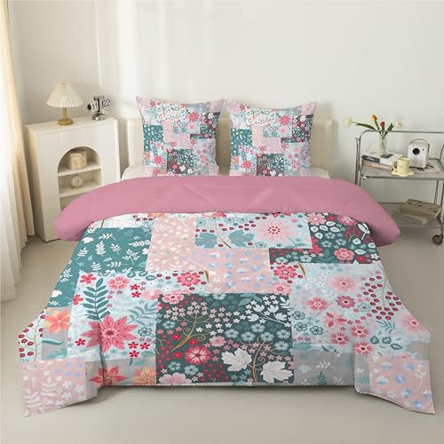 Abstraktes Patchwork Bettdecke 135x200 4 Jahreszeiten, Wende Steppdecke 135x200, Warme Ganzjahresdecke Blatt und Blume Bettdecke ohne Bezug Waschbar Schlafdecke mit 2 Kissenbezug 80x80cm