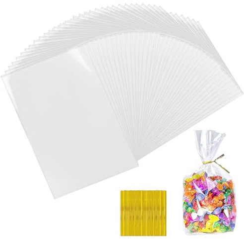 100 Stück Cellophantüten Klar 20 x 30 cm, Süßigkeiten Tüten, Zellophantüten mit 100 Metallischen Bindebaender, Süßigkeiten Geschenkbeutel, für Süßigkeiten Mitgebsel Kindergeburtstag Gastgeschenke