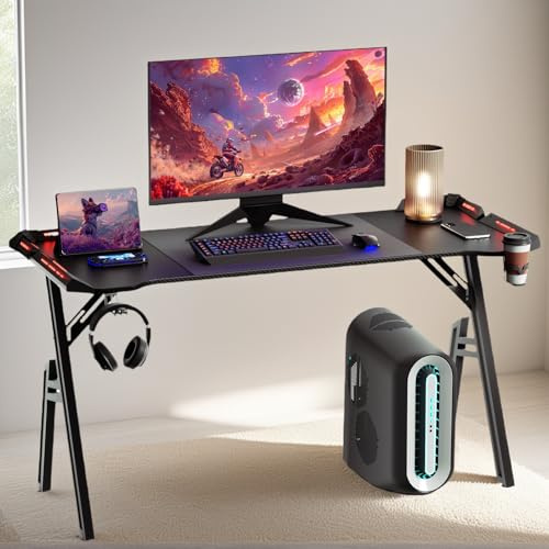 Alpstorm LED Gaming Tisch 140x60 mit RGB-Beleuchtung,Carbonoptik Schreibtisch mit A-Rahmen Design,Ergonomischer PC-Tisch mit Getränkehalter & Kopfhöreraufhängung| Schwarz
