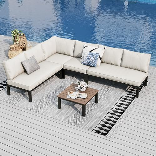 PHI VILLA Gartenmöbel Balkonmöbel Set 5 Teilig, Metall Lounge Möbel Outdoor Gartenlounge Set 6-Sitzer, Terrassenmöbel Modulare Möbel mit Verstärkten Kissen und Kaffeetisch, Beige