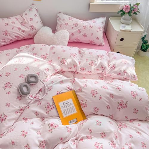 Freyamy Housse de Couette Fleurie 220x240+2 Taie d'oreiller 65x65 Rose Vert Floral Parure de lit 2 Personnes Adulte Fleurs Sets de Housse Couette en Microfibre avec Fermeture Éclair