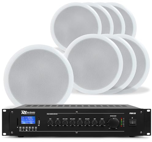 Power Dynamics PRM120 PA Verstärker + 8 Bluetooth Deckenlautsprecher, 8 Zoll, 120W Verstärker mit Bluetooth - 100V Soundsystem Inkl. Lautsprecherkabel, Einbaulautsprecher Decke für Hintergrundmusik