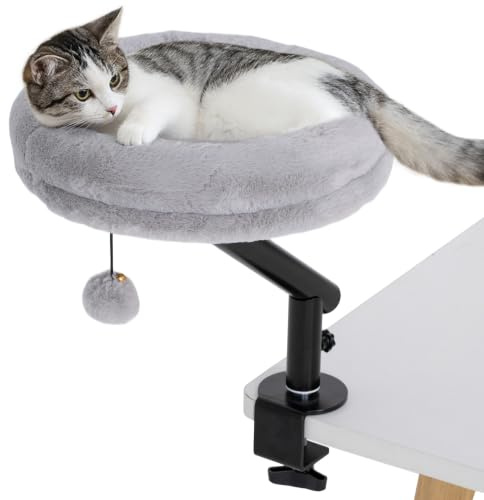 PawHut Katzen-Schreibtischbett 360°Drehung für Katzen unter 6 kg Grau | Katzenbett für Schreibtisch, Verstellbare Höhe, Katzenliege, Mit Abnehmbarem Maschinenwaschbarem Bett, Heimbüro