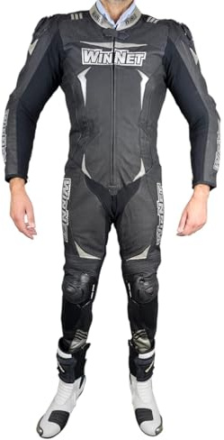 WinNet Tuta moto in pelle intera mono unico 1 pezzo racing pista traforata ventilata con saponette e gobba (Silver, 3XL)