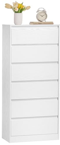 VASAGLE Kommode mit 6 Schubladen, Kommodenschrank, Schubladenschrank, Wäschekommode, für Schlafzimmer, 30 x 48 x 111,2 cm, Modern Kailyn Kollektion, schneeweiß LTS606WE01