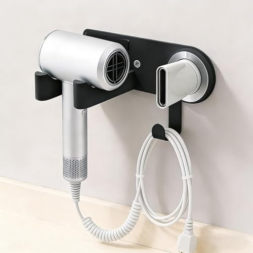 Rayakt Föhn Halterung,magnetische Wandhalterung aus Aluminiumlegierung, ohne Bohren, mit Kabelhaken & Silikon-Schutzpad, Fönhalter für Badezimmer, Hotel, Barbershop, kompatibel mit Dyson,Schwarz