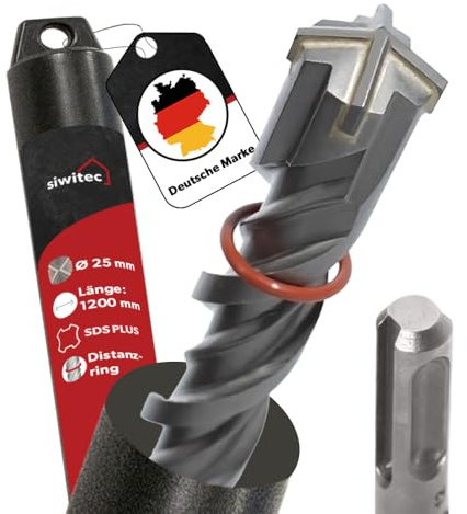 siwitec SDS Plus Bohrer 25 x 1200 mm, SDS Bohrer für Stahlbeton, Stein und Beton, Steinbohrer inkl. Distanzring, Betonbohrer mit 4-Schneiden Geometrie und Doppelwendel