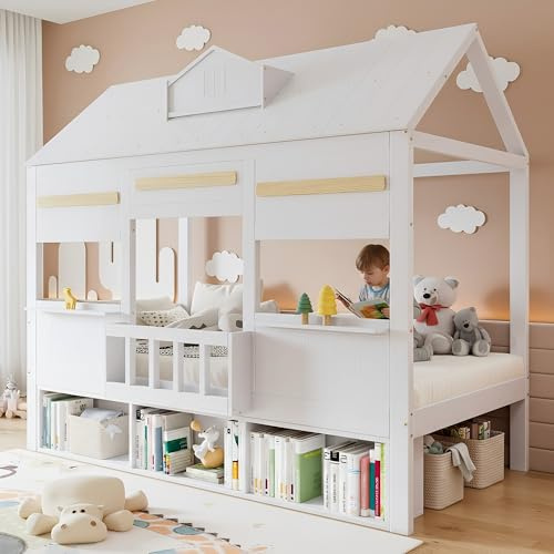 Trdlpyn Letto Casetta per Bambini 90x200cm con Libreria e Finestre, Strutture letto in Legno di Pino, Rete a doghe(Nessun materasso
