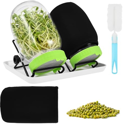Kit completo de germinación en frascos (2) - Kit de cultivo de brotes de vidrio con tapa de acero inoxidable, soporte de goteo para brotes de brócoli, frijol mungo y alfalfa