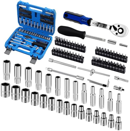 82pcs 1/4 Drive Socket Set with Storage Case Include Rachet Screwdriver Bits 6 Points Long & Short Sockets 4-14mm,Extension Bar Hand Tools DIY Home and Car Repair Kit | CR-V Steel 6 Points Long and Short Sockets 4-14mm 72-Tooth Ratchet Complete Socket and Bit Set with Storage Case