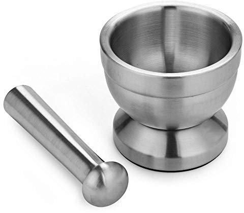 ArtisanShow Trituradora de píldoras doble de acero inoxidable 18/8, apta para alimentos, mortero y pedestal, juego de pedestal, cuenco para pesto en polvo, ajo, prensa, hierbas, picadoras