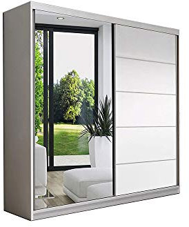 MOEBLO Schiebetürenschrank Eva 05 – Schwebetürenschrank 2-türig Kleiderschrank Garderobe Schiebtüren Schlafzimmer Wohnzimmerschrank mit Spiegel, Kleiderstange und Regale (BxHxT): 160x195x61 cm (Weiß)