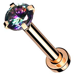 Piercing Labret Monroe en Acier Chirurgical 316 L Argenté et Oxyde de Zirconium - Zircon Rond Serti Quatre Griffes - Goujon à Fond Plat et Filetage Intérieur - 8 mm - (Or Rosé / Vitrail Médium, 3)