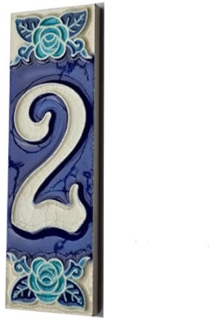 Numeri civici fosforescenti dipinti a mano in ceramica italiana numero e lettere piastrelle, Rose Design, piastrelle Dimensioni: 15cm x 5cm (numero 2)