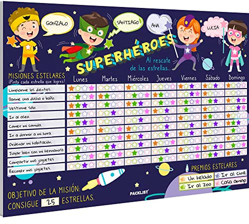 PACKLIST Tabla de Recompensas para Niños en Español. Aprendo en Positivo - Calendario Semanal Infantil Educativo por Misiones: Superhéroes al Rescate de Estrellas
