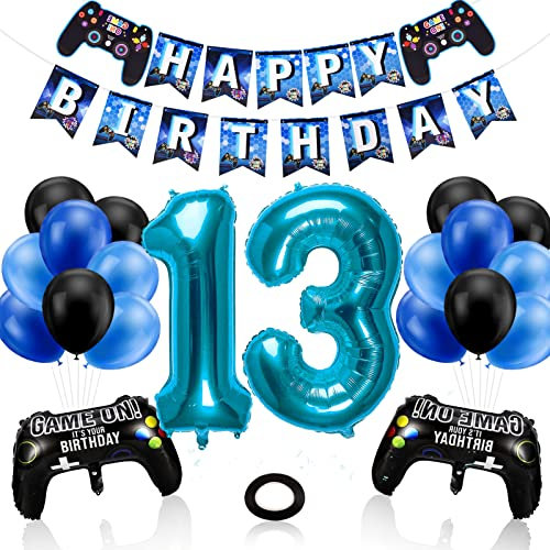 Phoetya Dekorationen zum 13. Geburtstag für Jungen, Gaming-Motto-Geburtstagsparty-Dekorationsset für Gamer, Happy Birthday-Banner, Game-Controller-Luftballons, schwarz-blaue Luftballons für Kinderpart