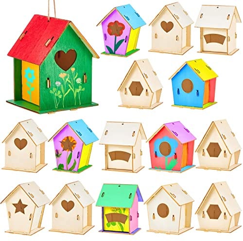 Juexica 15 Pcs 4 Wooden Birdhouses, Unfinished Wood Bird Houses Kits Arts and Spring Crafts Kids Wooden Bird Houses Bulk for Children to Build and Paint DIY Craft (Modern)