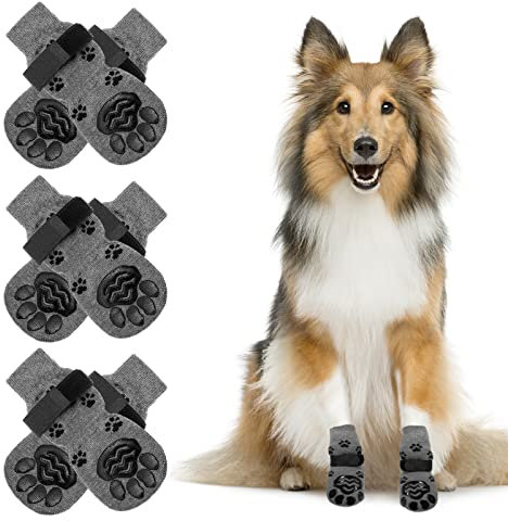 NeuWee Indoor Anti-Rutsch Socken für Hunde, 3 Paar Hundesocken mit verstellbaren Trägern, Weiche Haustierpfotenschutz für eine Starke Traktionskontrolle auf Hartholzböden in Innenräumen (S)