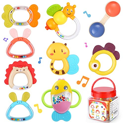 MOONTOY Baby Rassel BeißRing Set Baby Spielzeug ab 0 1 2 3 4 5 6 7 8 9 10 11 12 Monate, 9PCS Shaker Greifen Beissring Motorikspielzeug Neugeborene Babyspielzeug Geschenk FüR Junge MäDchen Kleinkinder