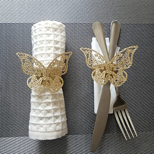 JinSu 50 Pcs Papier Serviettenringe, Bling Serviettenschnalle, Schmetterling Serviette Ringe für Hochzeit, Taufe, Kommunion, Graduierung, Geburtstag, Weihnachten, Bankett, Tischdekoration, Gold