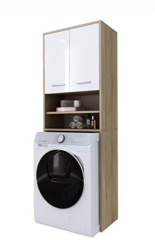 3E 3xE living.com Mobili per lavatrice con due armadi, due ripiani e una lavatrice, A: 180 cm, L: 64 cm, P: 30 cm, Sonoma/Bianco