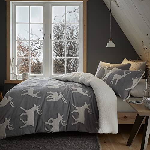 Catherine Lansfield Bedding Hirsch Sherpa Jacquard King Bettbezug-Set mit Kissenbezügen, Grau