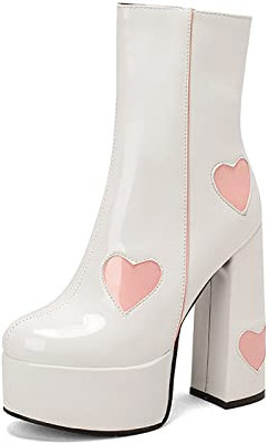 SGZJGBYH Stivaletti da donna suola spessa super tacco alto punta a mandorla, a forma di cuore in vernice tacco spesso piattaforma moda casual stivaletti, bianco, 35.5 EU