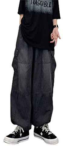 Skateboard Frog Baggy Jeans Damen Denim Cargo Breite Jogginghose Herren Y2K Fallschirmhose mit Taschen (Black,L)