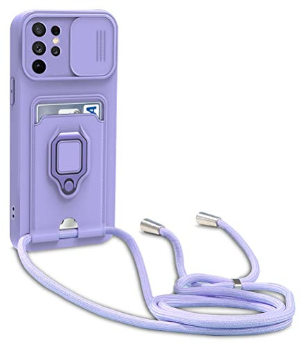yanasuo Schiebe Kameraschutz Silikon Handykette Hülle kompatibel mit Samsung Galaxy S23 Ultra, Metall Ring Halter Handy Cover,Verstellbarer Halskette Handyhülle-Lila