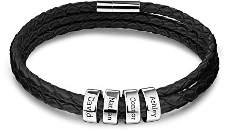 OTXIXTO Bracelet Cuir avec Personnalisé Nom Anneaux Boucle Magnétique Cadeau de ID Bracelet pour Lui Homme Papa Petit Ami Grand-père Mari S4