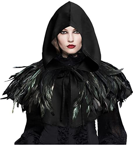 keland Unisex Halloween Kostüm Gothic Feder Cape Schal Stola und Mittelalter Gugel mit Kapuze (Schwarz-1)