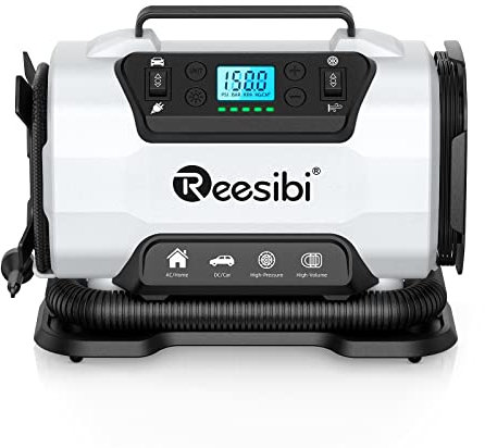 Reesibi Mains Tyre Inflator 240V, Car Tyre Pump, Air Compressor 230V AC and 12V DC Dual Power Supply, High-Pressure Pump for Car Bike and High-Volume Pump for Air Mattresses 2 in 1 Dual Metal Motors