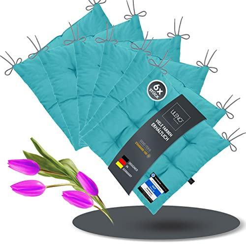 LILENO HOME 6er Set Stuhlkissen 15 Aqua (40x40x6 cm) - Sitzkissen für Garten, Küche oder Esszimmer - UV-beständige Indoor u. Outdoor Stuhlauflage als Stuhl-Kissen (Linda FUM)