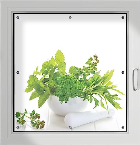 Wallario Lichtschutzbild, Dekorativer Sichtschutz Sonnenschutz 96 x 93 cm mit Motiv: Welt der Kräuter - Verschiedene Kräuter in einem weißen Mörser - Verdunklungsrollo ohne Bohren