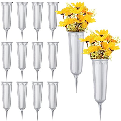 Friedhofsvasen mit Spikes, Kunststoff, Gedenkblumen, Grabblumen, Halter, Kegel im Boden, Vasen mit Pfählen für Rasen, Grabstein, Grabdekoration, künstliche frische Blumen, Grau, 12 Stück