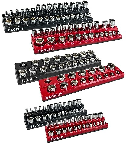 EACELIY 6-Piece Magnetic Socket Organizer Set, 1/2, 1/4 and 3/8 SAE & Metric Deep & Shallow Socket Holder Kit, holds 141 stanard Sockets, attaches to steel box/tool cart (sockets not included)