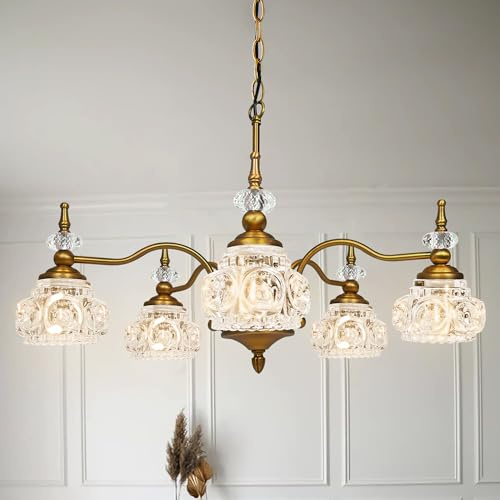 Montex Gold Brass Chandelier, 5 Light Vintage Crystal Glass Pendant Fixture