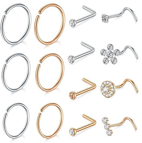 Zolure 18g Nasenring Fur Damen Herren Doppelt Nasenpiercing Chirurgenstahl Cz Nasenstecker L-Form Nostril Conch Knorpel Daith Piercing Schmuck