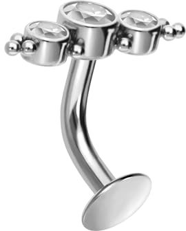 PIERCINGLINE Titan Bauchnabel Labret gebogen mit Push Fit 3 KRISTALLE + KUGELN Bauchnabelpiercing Piercing Bauch Stecker 1,6 x 8 mm silberfarben
